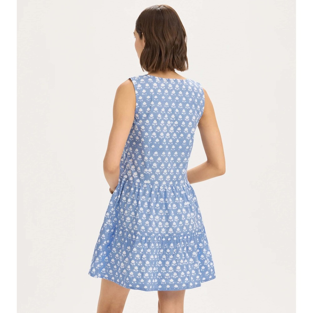 RNWK Floral Block Print Tiered Cotton Mini Dress Blue White Medium Preppy - Picture 8 of 8